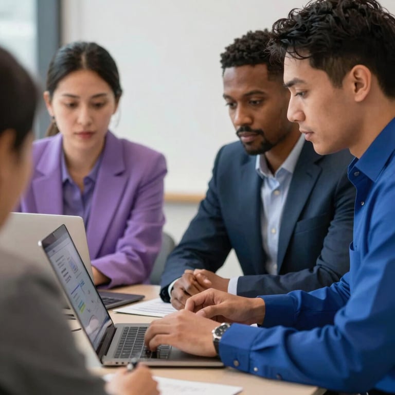 A close-up of a diverse professional team in North America working on a digital strategy session with lilac and royal blue highlights.