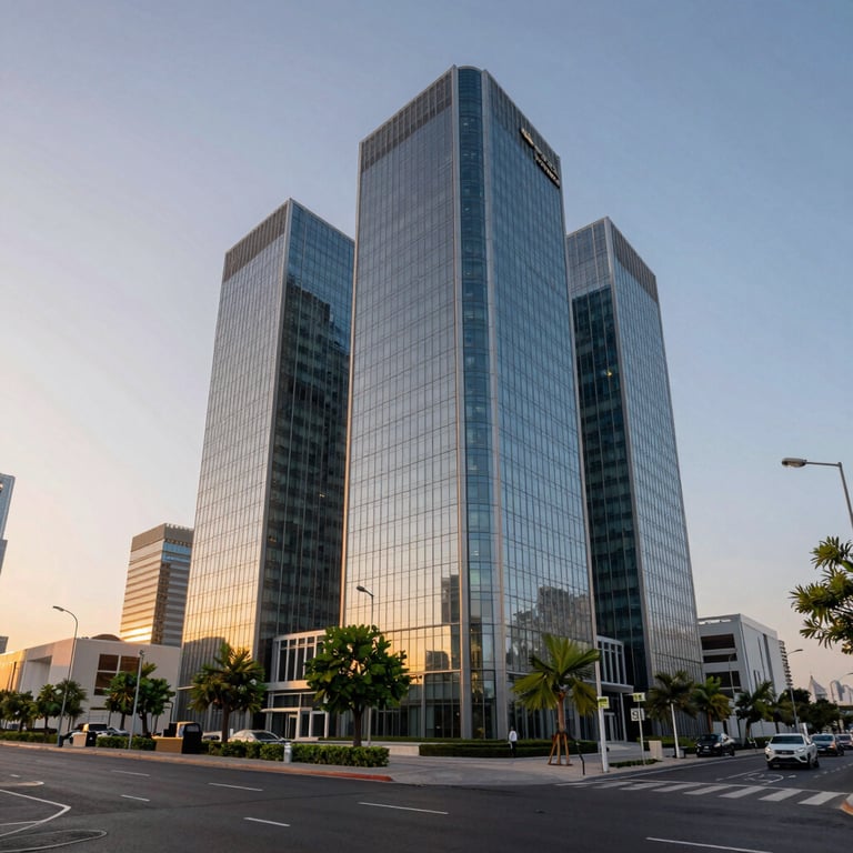 A wide shot of a sleek, modern corporate office in Dubai at sunset with green botanical accents.
