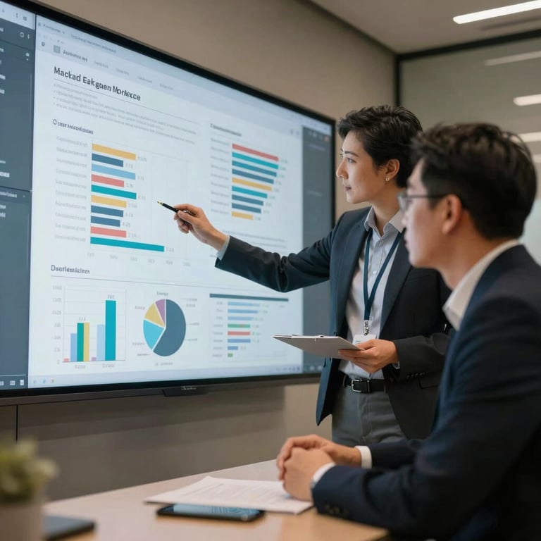 Professional marketing experts analyzing data charts on a large digital screen in a high-tech boardroom.