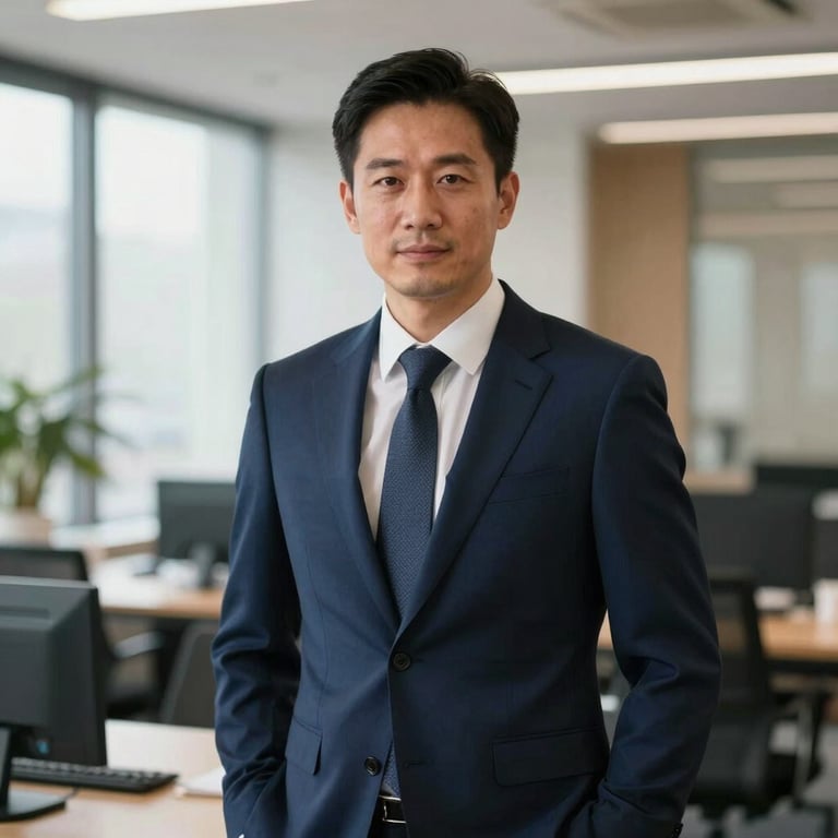 A sharp, professional portrait of an executive in a tailored navy suit in a bright, modern European office setting.