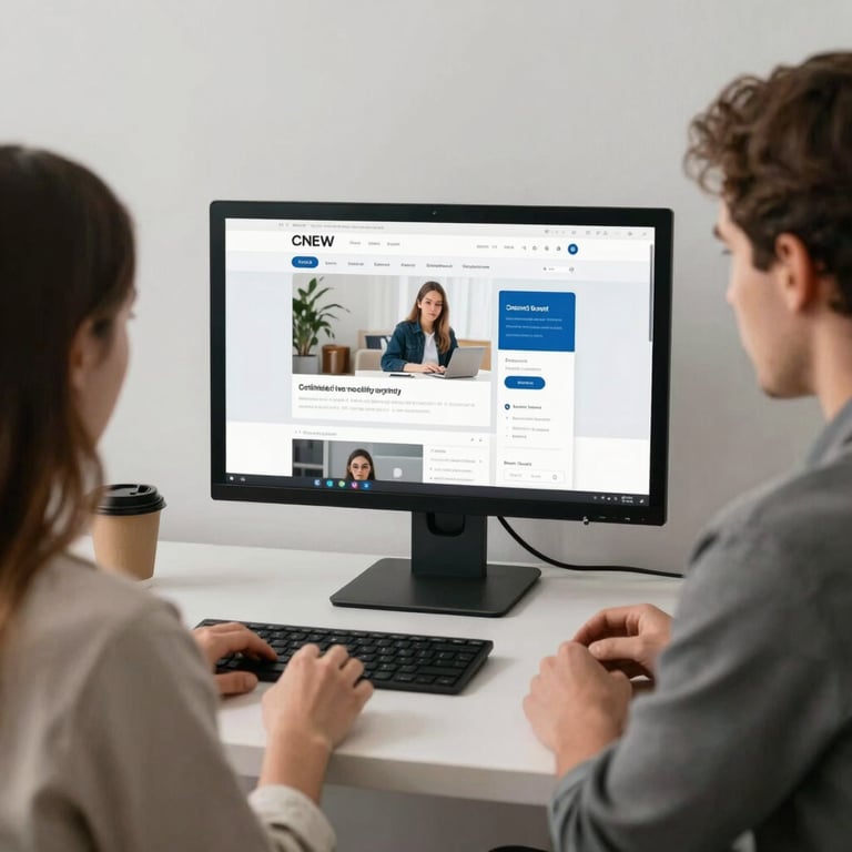 Two collaborators reviewing a website UI/UX design on a dual-monitor setup in a clean, professional studio.