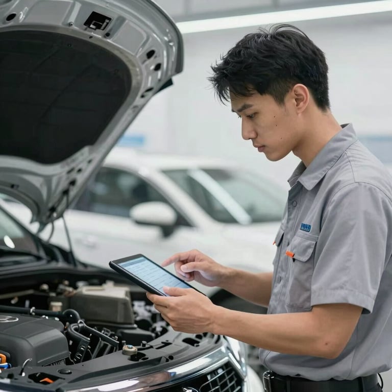 A professional worker in a clean uniform inspecting a used car with a digital tablet.