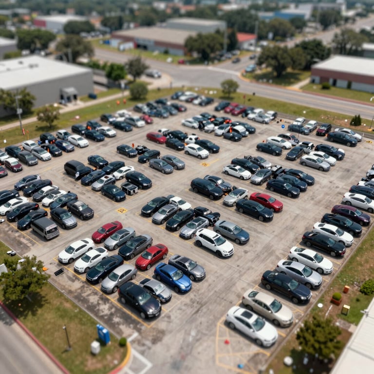An aerial view of a organized car recycling yard in Houston, Texas, showing efficient operations.
