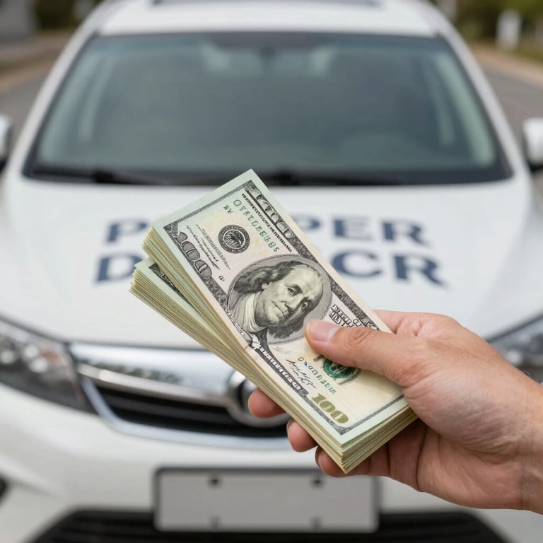 A close-up of a hand holding a stack of cash in front of a recently purchased vehicle, signifying a fair deal.