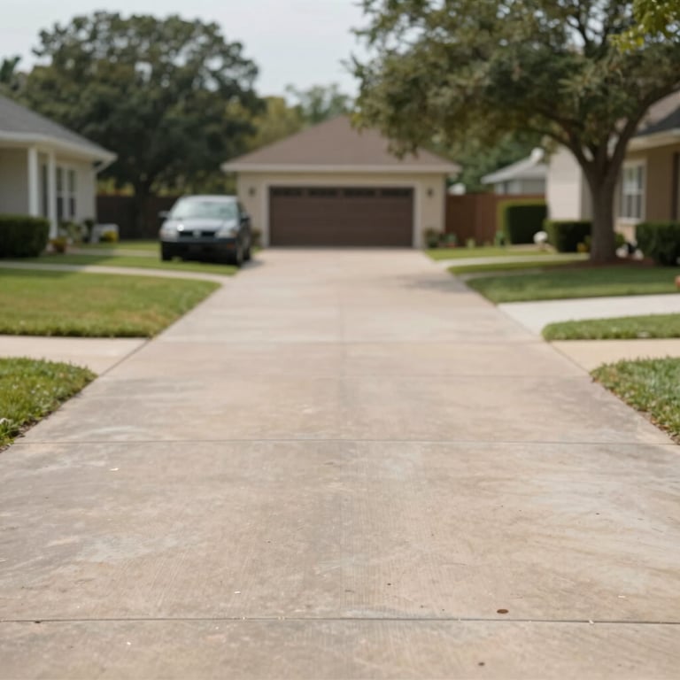A wide shot of a clean driveway in a Houston suburb after a junk car has been removed.