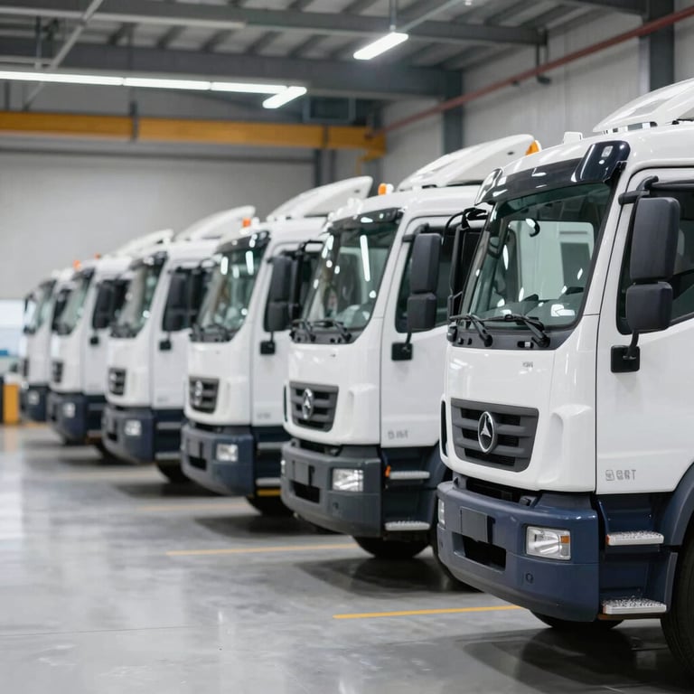 A fleet of professional white and navy tow trucks lined up in a clean facility, sharp industrial lighting.
