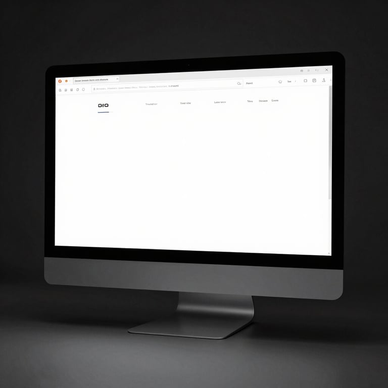 Clean mockup of a minimalist website displayed on a monitor in a stark studio, deep contrast.