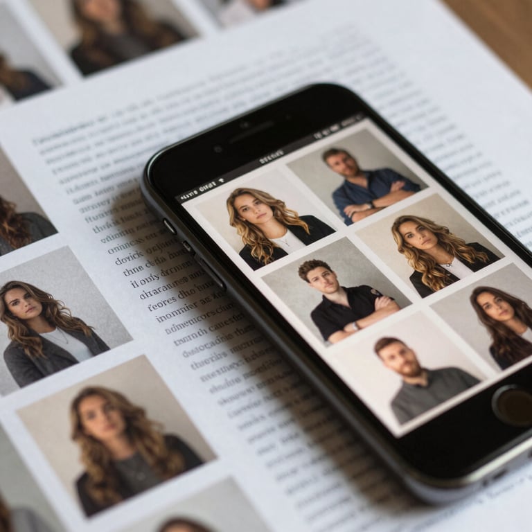 Extreme close-up of a printed editorial grid and a smartphone displaying a cohesive photo feed, sharp studio lighting.