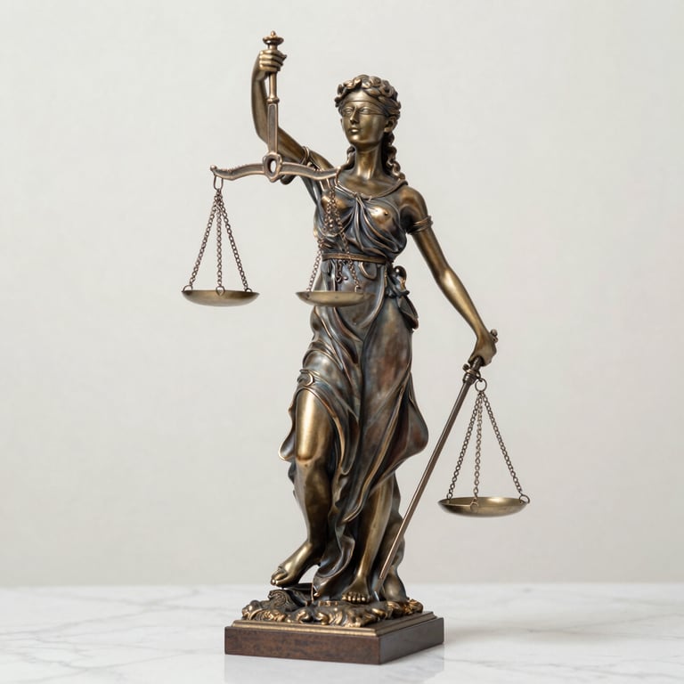Close-up of the scales of justice statue on a marble table, elegant lighting, off-white pearl background.