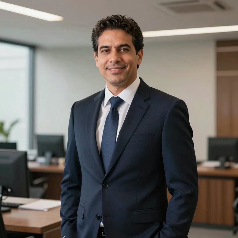 Professional portrait of a lawyer in a dark navy suit, standing in a modern South American office, confident and approachable expression.