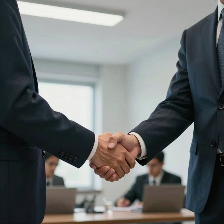 A handshake between two professionals in business attire, symbolizing trust and agreement, South American office setting.
