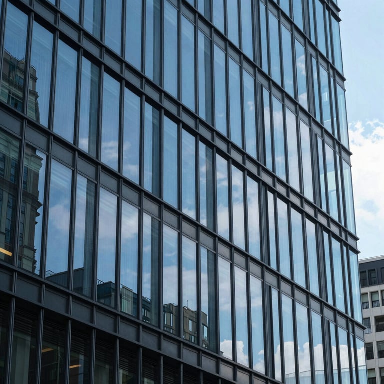 Architectural shot of a modern office building exterior with glass facades, reflecting a blue sky, conveying sophistication.