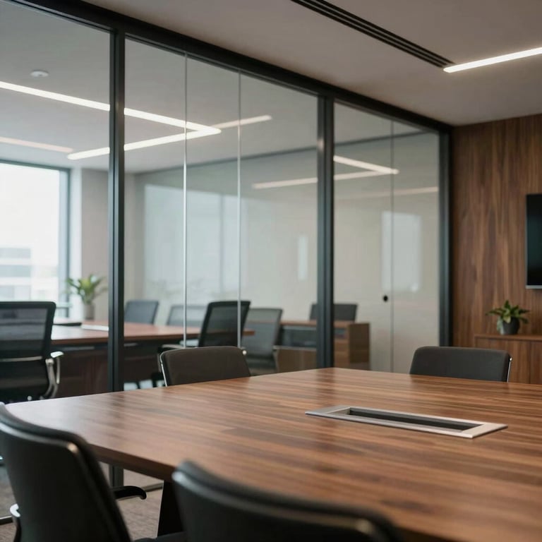 A tidy, modern meeting room with glass walls and dark wood accents, reflecting a professional Brazilian corporate environment.