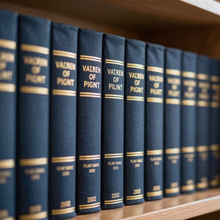 Detailed shot of legal books lined up on a shelf, deep charcoal blue spines, warm ambient lighting.