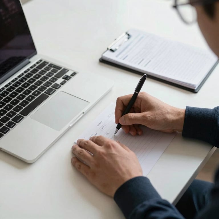 A person's hands resting on a clean Soft Mist White desk next to a sleek laptop and a notepad with written financial notes.