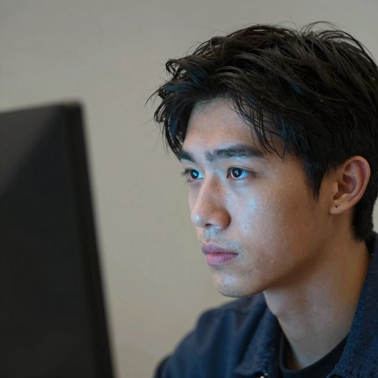 A candid portrait of a young adult looking at a monitor with a look of focused understanding, reflected Sky Steel Blue light on their face.