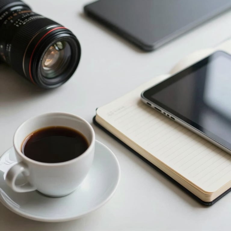 A close-up of a professional desk setup featuring a cup of coffee, a notebook, and a tablet on a Soft Mist White surface.