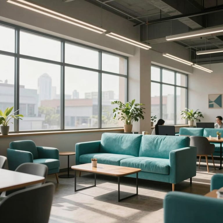 A bright and modern coworking space with Ocean Teal furniture and large windows letting in natural morning light.