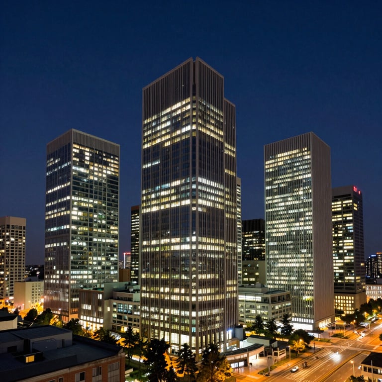A wide shot of a modern city business district at twilight, with Deep Midnight Navy skies and glowing office windows.