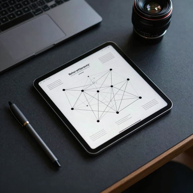 An overhead view of a minimalist workspace featuring a tablet with a network diagram and dark navy stationary.