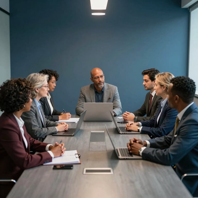A group of diverse American professionals in business casual attire meeting in a steel blue conference room.
