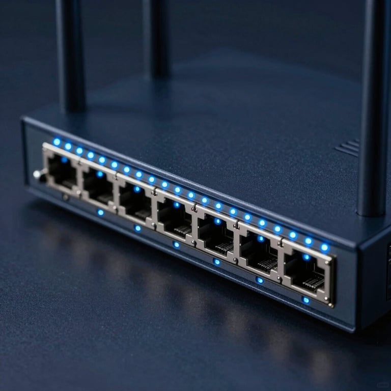 High-detail photography of a network router with soft blue glowing indicator lights in a sophisticated dark navy setting.