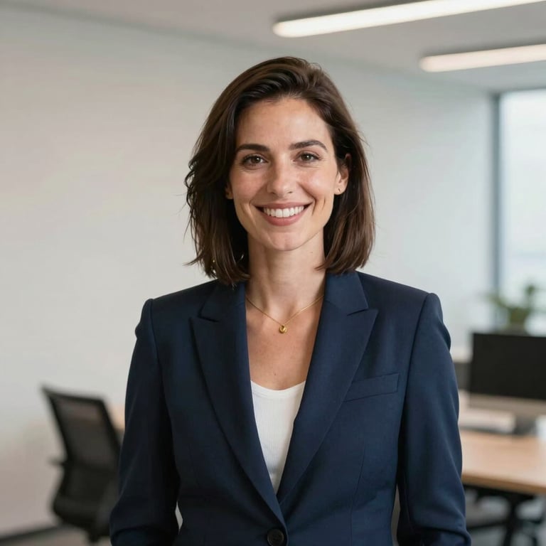 A confident female tech lead smiling in a modern office, wearing a navy blazer with soft off-white walls behind her.