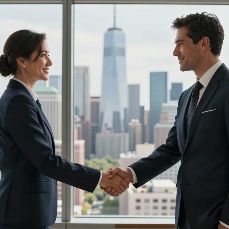 Two American colleagues shaking hands in front of a floor-to-ceiling window overlooking a modern city skyline.