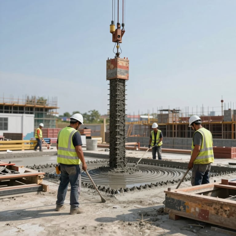 A construction team during the concrete pouring phase of a large-scale project, emphasizing structural solidity and professional oversight.
