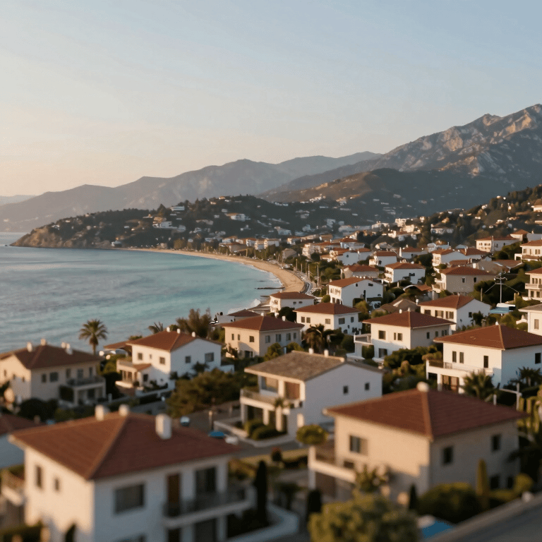Exterior shot of a sleek modern villa in Datça with a swimming pool, showing clean lines and professional landscaping, using a palette of #F5F7F8 and #5B6A7A.