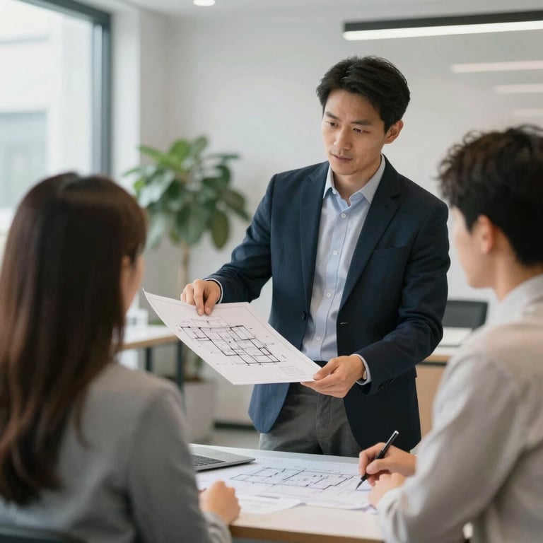 A stylish real estate office interior where a consultant is showing architectural blueprints to a client, fostering trust and transparency.