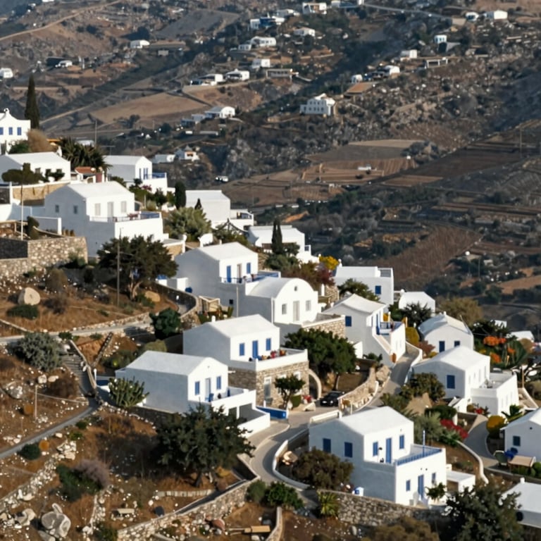 Aerial view of a collection of white-washed stone villas integrated perfectly into the Datça hillsides, conveying harmony and quality.