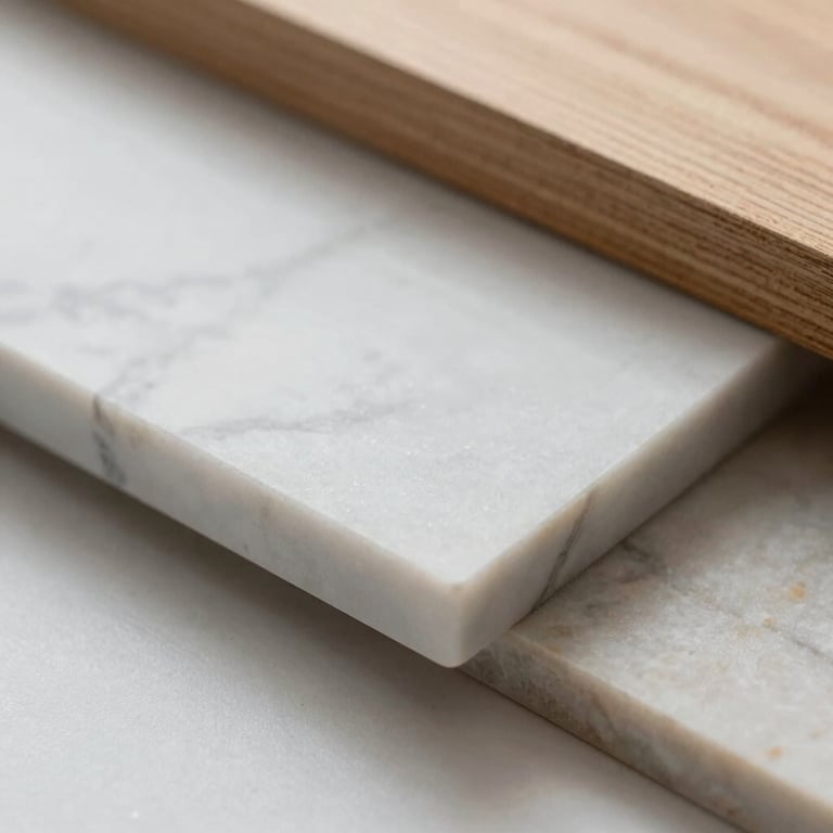 Detailed macro shot of premium building materials like marble and timber used in Erciyes projects, highlighting quality and texture.