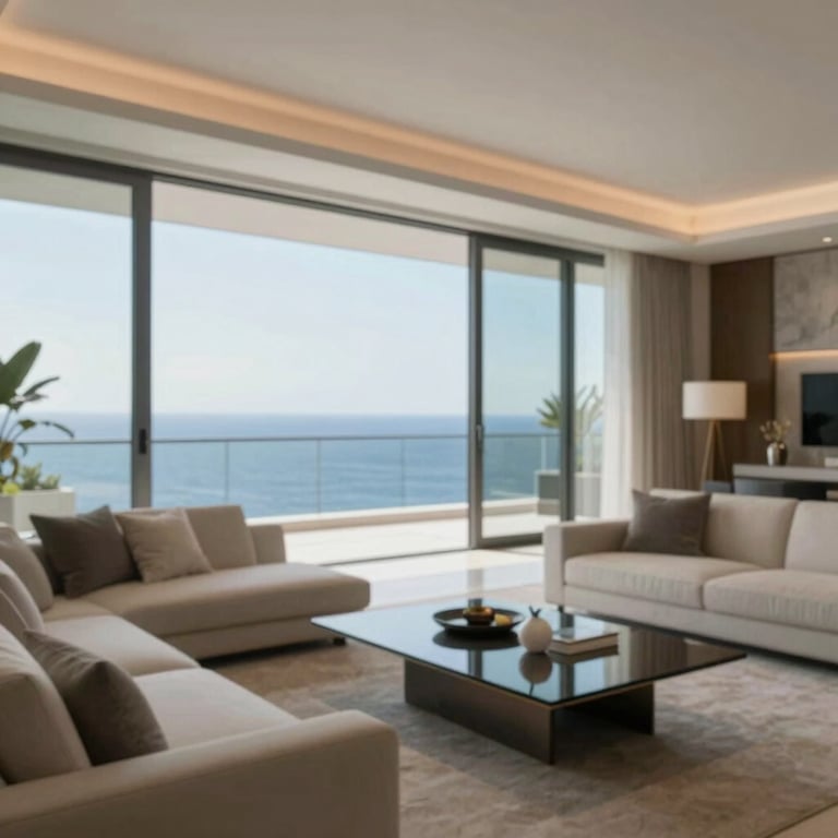 Interior view of a luxury penthouse with large windows showing the Aegean sea, featuring modern furniture and high-end finishes.