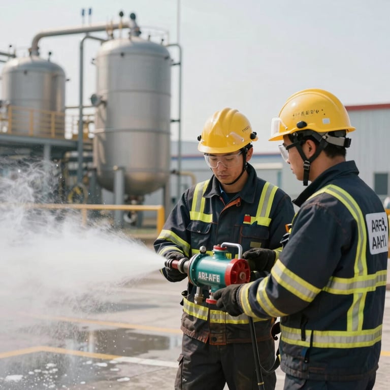 Technicians in safety gear inspecting an AR-AFFF foam monitor system at a chemical plant.