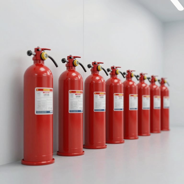 A row of red foam fire fighting systems installed in a clean modern warehouse with #EBF2F7 walls.