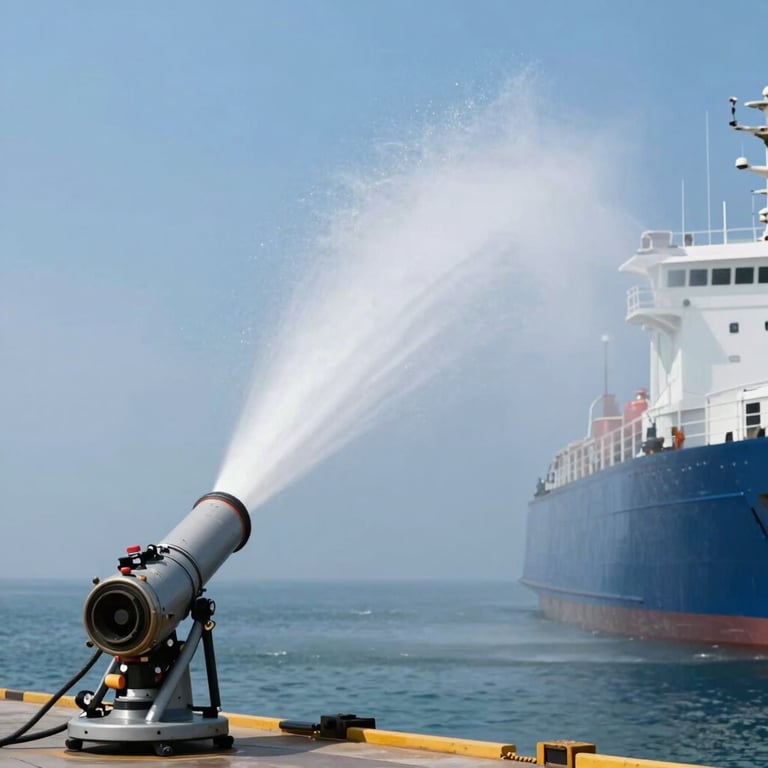 A high-capacity automatic foam cannon testing its range at a ship dock, powerful stream, industrial blue palette.