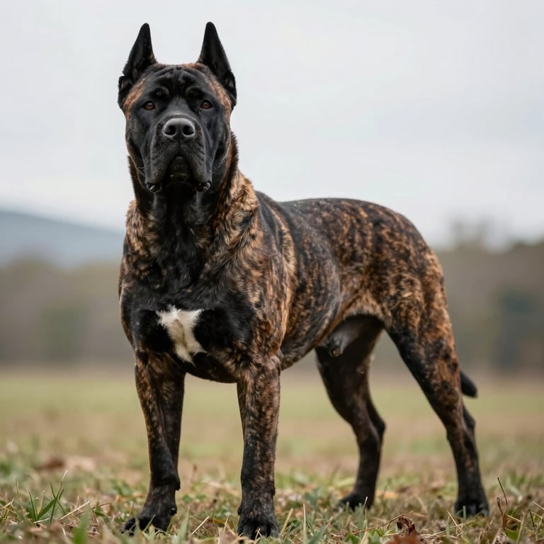 Heroic low-angle shot of a mature black brindle Cane Corso male standing alert in an overcast Virginia field, muscular definition.