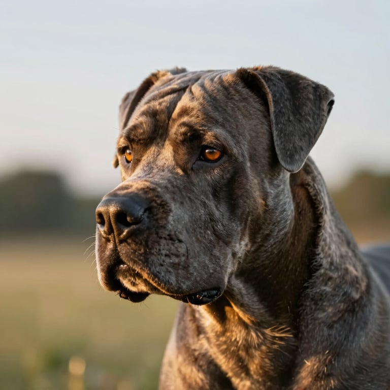 Sharp profile close-up of an athletic gunmetal gray Cane Corso male, intense intelligent amber eyes, natural ears, golden hour light.