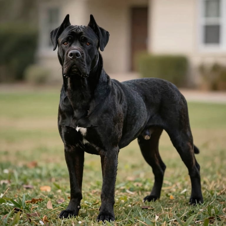 A powerful black female Cane Corso standing alert in a grassy estate clearing, soft dramatic natural light, noble posture.