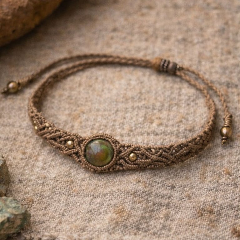 pulsera hecha a mano con macramé y piedra preciosa mexicana