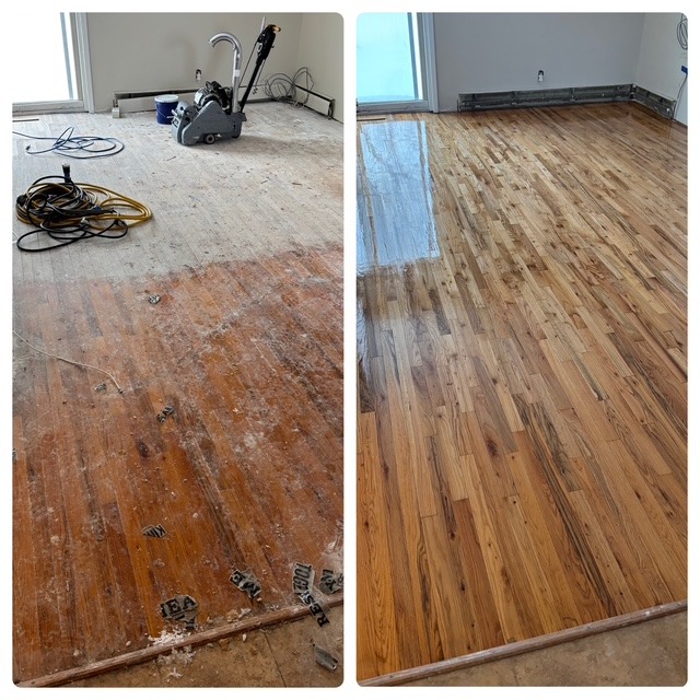 Before and after hardwood floor refinishing project completed in Syracuse, New York