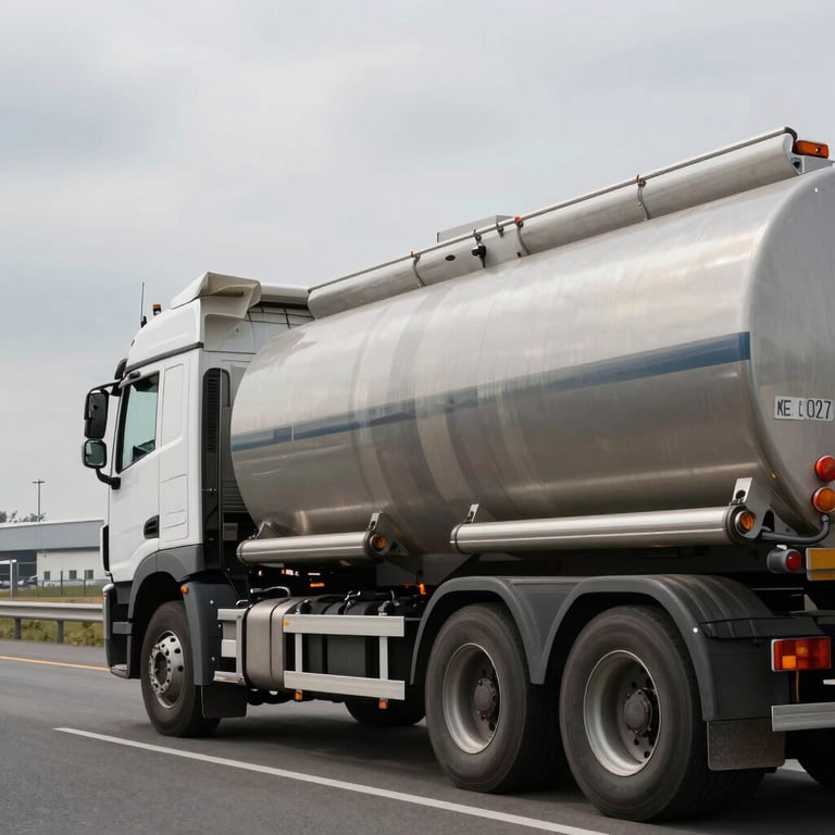 Heavy-duty tanker truck in active transit along an industrial corridor, high-contrast overcast daylight, tight focus on the secure fuel couplings, expansive gray sky.