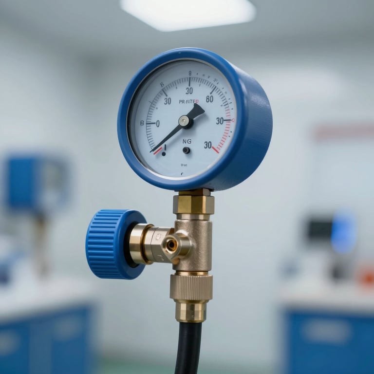 A professional manifold gauge set for AC gas filling, sharp focus on the dials, clean blue aesthetic.