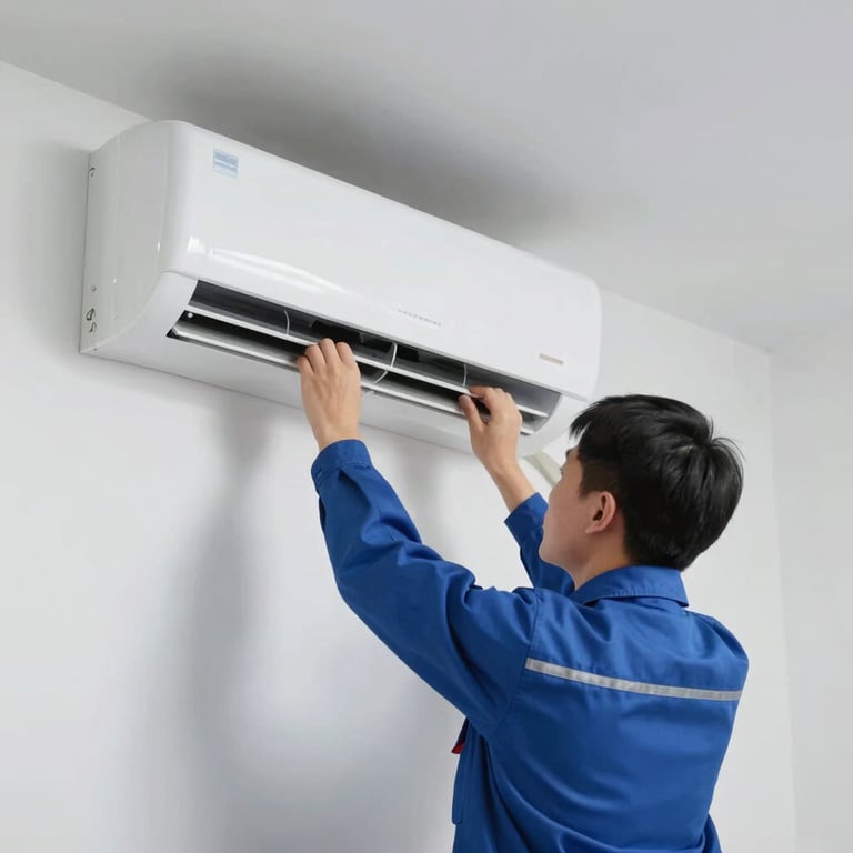 A technician carefully installing a sleek, modern wall-mounted AC indoor unit in a clean room.