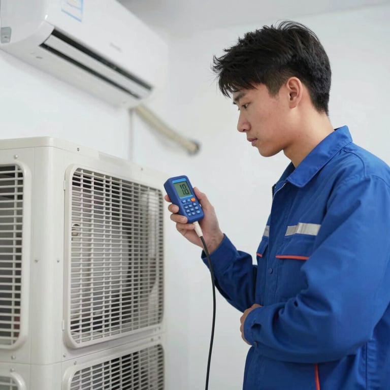 A technician in a branded uniform testing the airflow of a newly serviced AC unit with a digital meter.