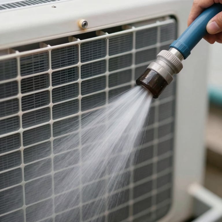 Close-up of a high-pressure water jet cleaning AC condenser fins, showing efficient maintenance.