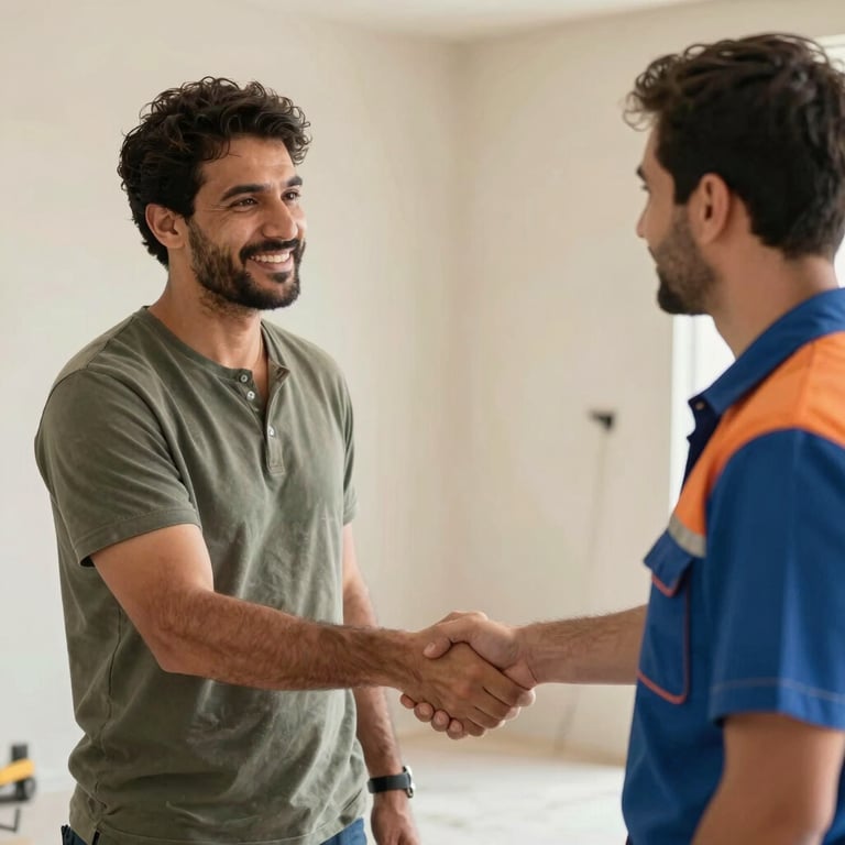 A satisfied homeowner in Sharjah shaking hands with a repair professional in a trustworthy environment.