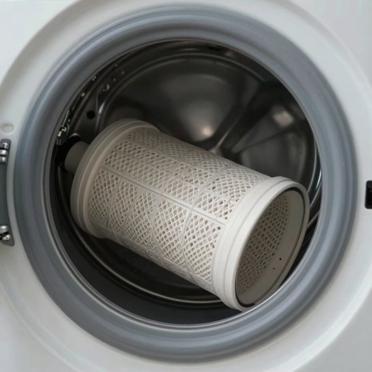 Close-up of a professional inspecting the filter of a washing machine, clean and professional lighting.