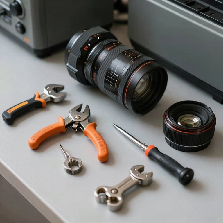A set of professional tools laid out neatly on a light gray surface next to an appliance.